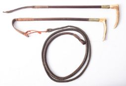 Two antler horn handle riding whips,