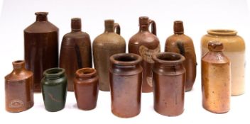 A collection of twelve salt glazed bottles and jars, mostly unmarked,