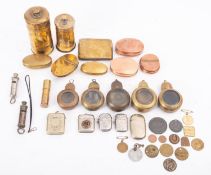 A collection of various metalware, comprising two silver vesta cases, two plated vesta cases,
