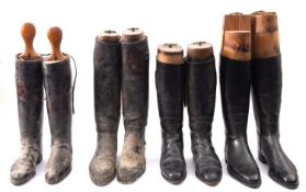 Four pairs of black leather riding boots with trees, one by Maxwell, London,