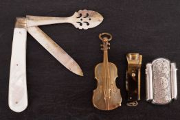 A late Victorian silver vesta case, together with a brass vesta case in the form of a violin,