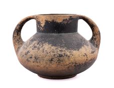 A pottery twin handled vase or storage jar in antique taste, early 20th century; of squat form,