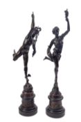 A pair of Continental patinated bronze and marble mounted models of Mercury and Fortuna,