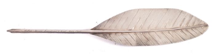 A George III silver presentation quill pen, inscribed 'Misses Atkins Boarding School, Mile End,