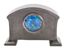 Castle pewter mantel clock the French eight-day duration timepiece movement having a replaced