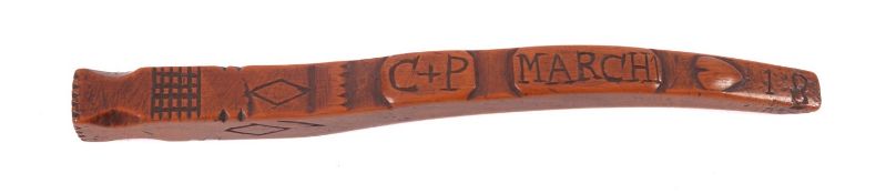 An 18th Century treen knitting sheath, initialled 'C & P' and dated March 18,