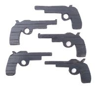 A group of five wooden theatrical prop guns.