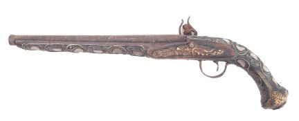 An Indian reproduction flintlock pistol, with pewter wire and abalone inlaid stock, 43cm long.