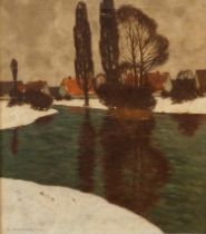 Prof. Küstner, Carl (1861 Guntersblum - 1934 München): Winteransicht eines Dorfes mit Flusslauf.