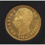 Italien: 20 Lire, König Umberto I. 1882 - GOLD.