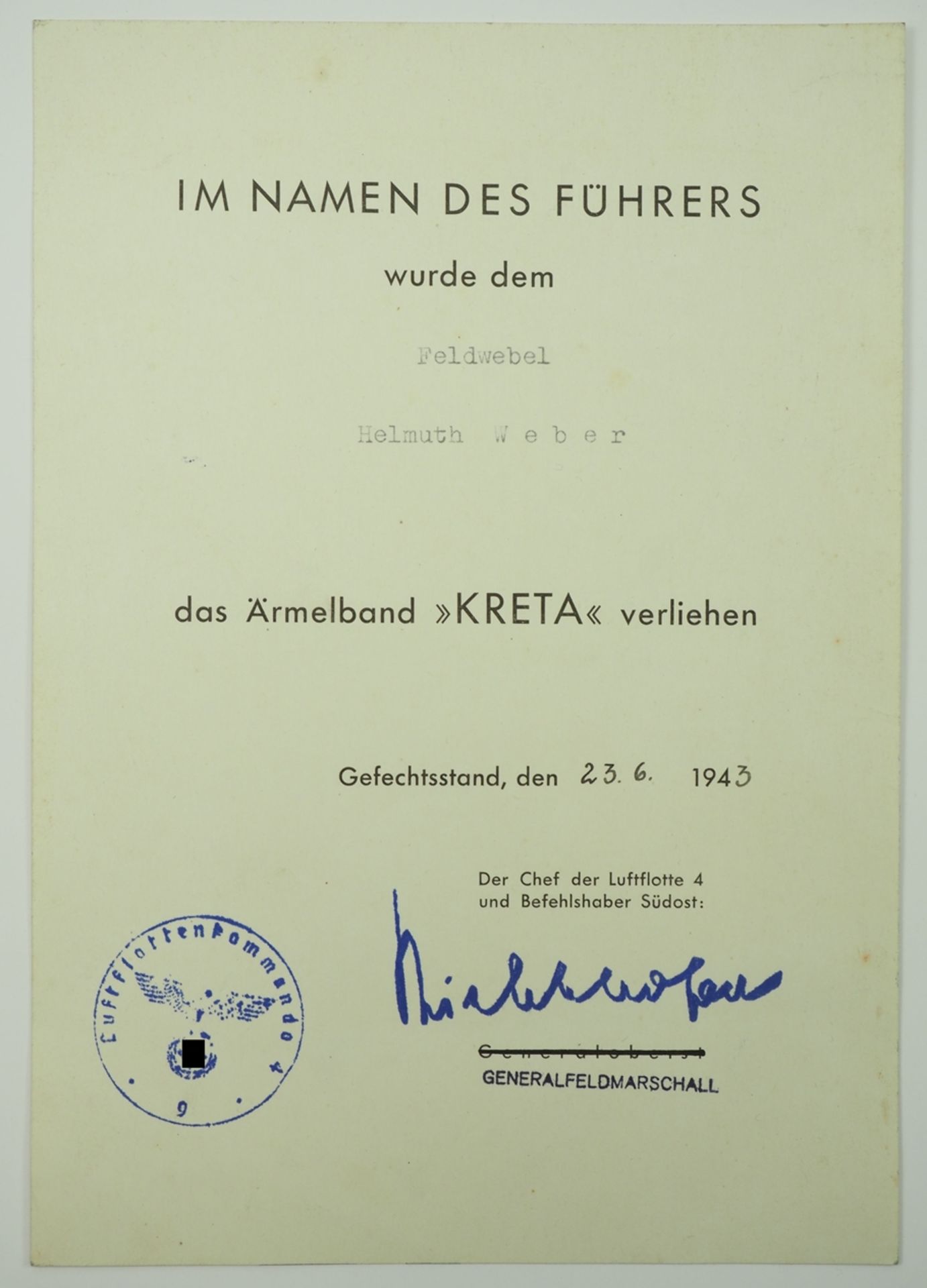 Ärmelband "KRETA" Urkunde für einen Feldwebel der Luftflotte 4.