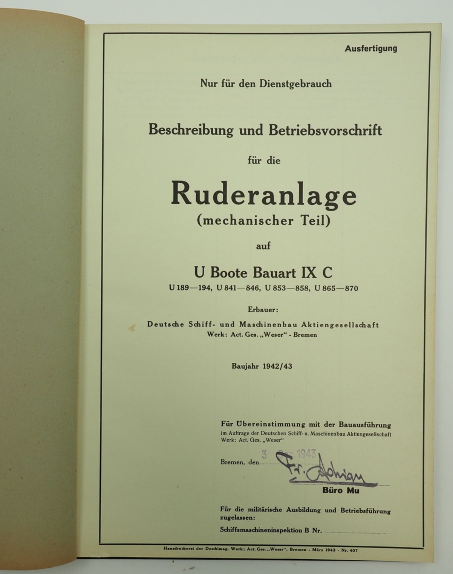 Kriegsmarine: Beschreibung und Betriebsvorschrift Ruderanlage für U-Boote Typ IX C/40. - Bild 3 aus 5