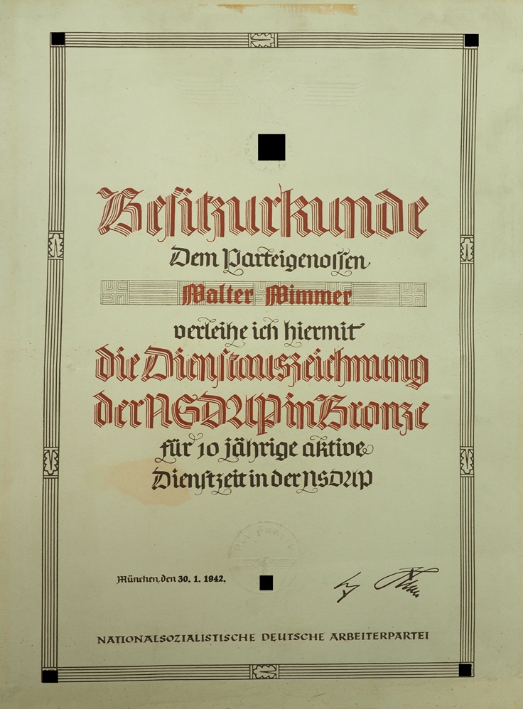 NSDAP: Dienstauszeichnung, in Bronze Urkunde.