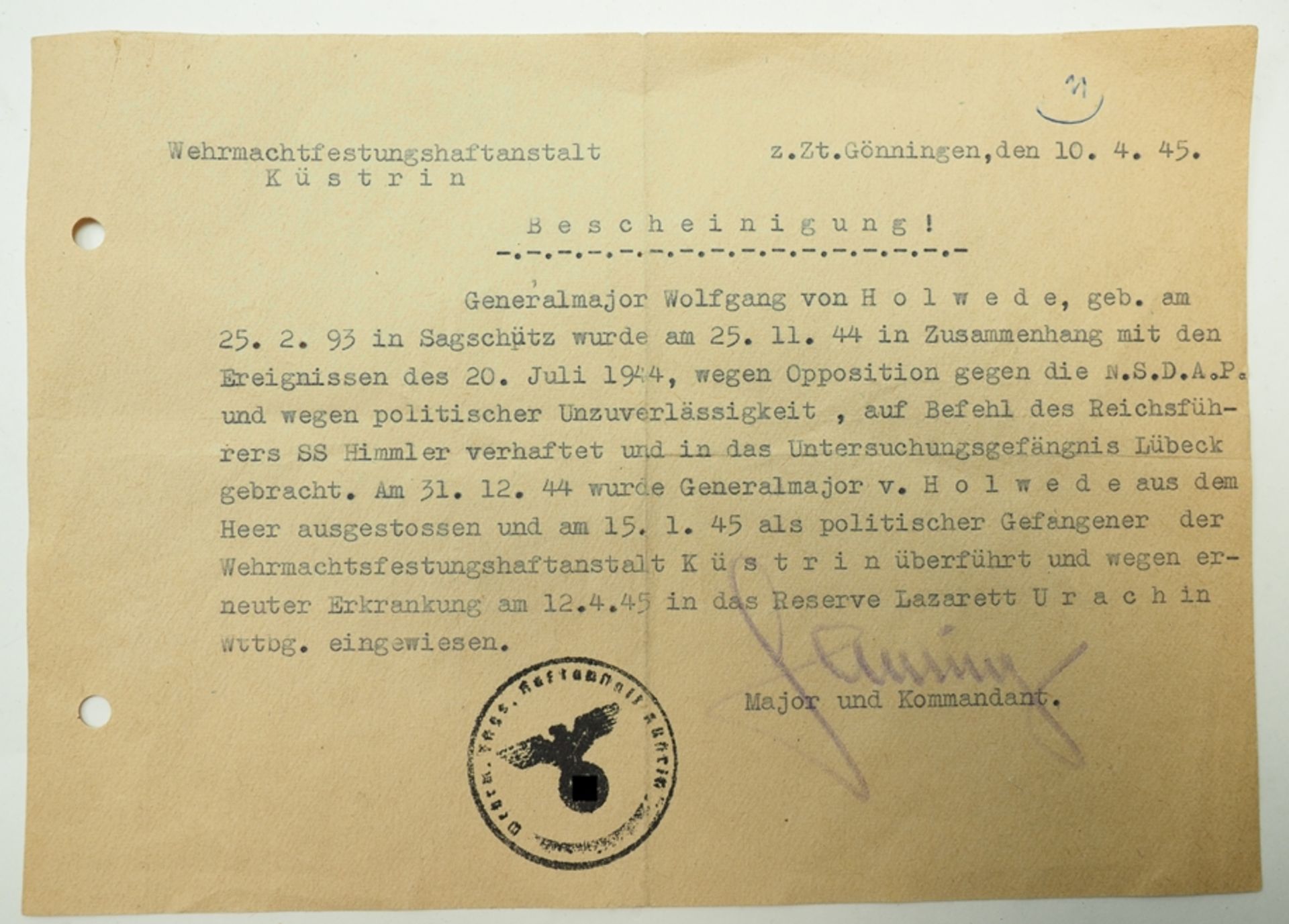 Dokumente und Fotos aus dem Nachlass des Generalmajor Wolfgang von Holwede - Widerstand. - Bild 2 aus 10