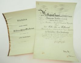 Sachsen: Albrechtsorden, Komturkreuz 2. Klasse Urkunde für einen österreichischen Oberst und Komman