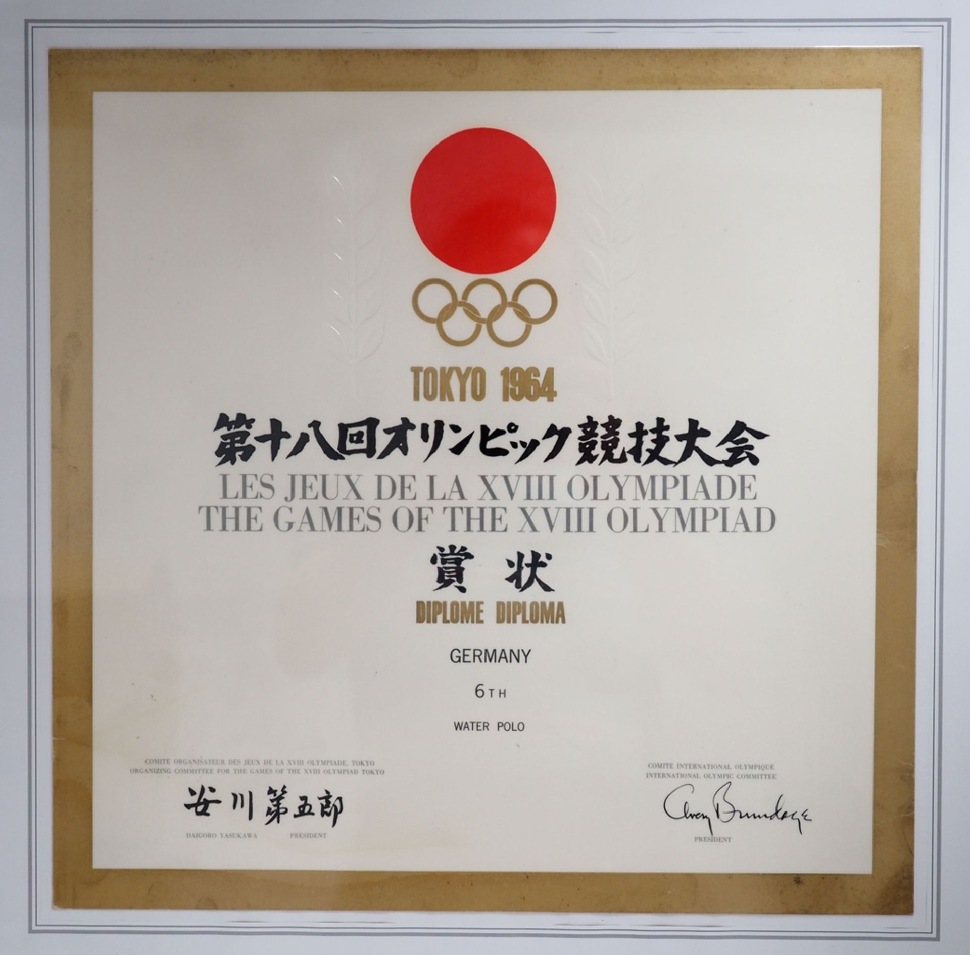 Olympische Spiele 1964 Tokio, Japan: Wasserball, Herren, 6. Platz Urkunde für Mitglieder der Deutsc