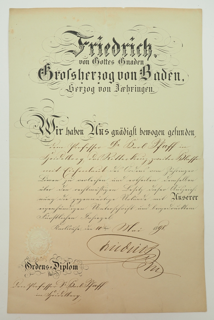 Baden: Großherzoglicher Orden vom Zähringer Löwen, Ritterkreuz 2. Klasse mit Eichenlaub Urkunde für