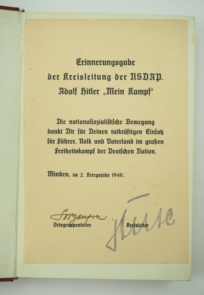 Hitler, Adolf: Mein Kampf - Erinnerungsgabe der Kreisleitung Minden. - Image 2 of 3