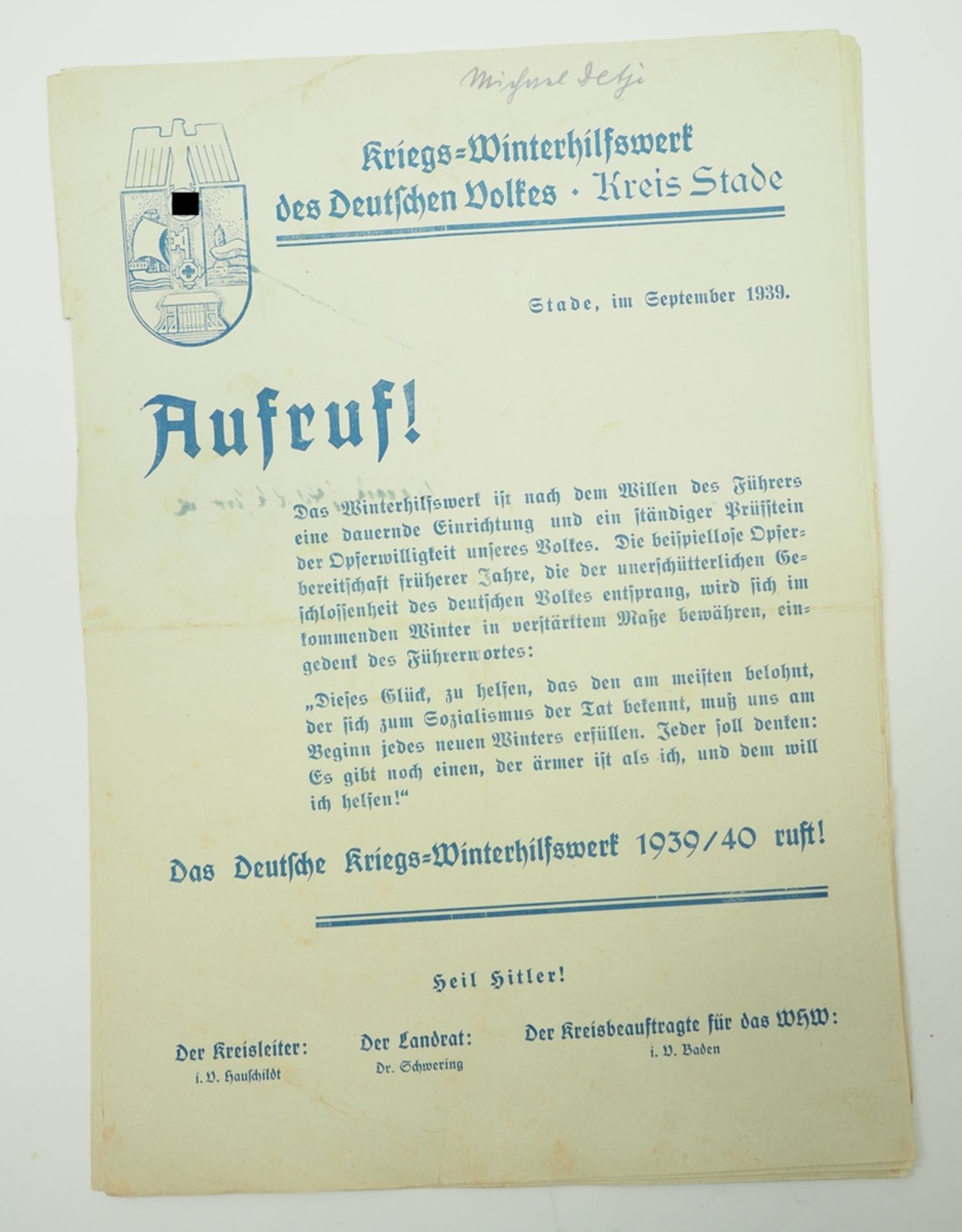 WHW: Sammlung Stade, im September 1939 - Lot Aufruf/Spendenschein und Abzeichen. - Image 3 of 3