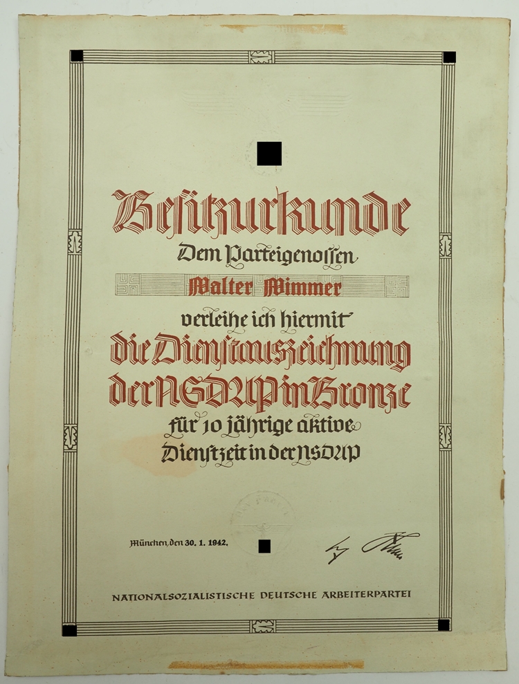 NSDAP: Dienstauszeichnung, in Bronze Urkunde. - Image 2 of 2