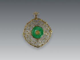 A 1960s Apple Green Jadeite Bi Disc and 18 ct Yellow Gold Pendant/Brooch, in entwined wirework