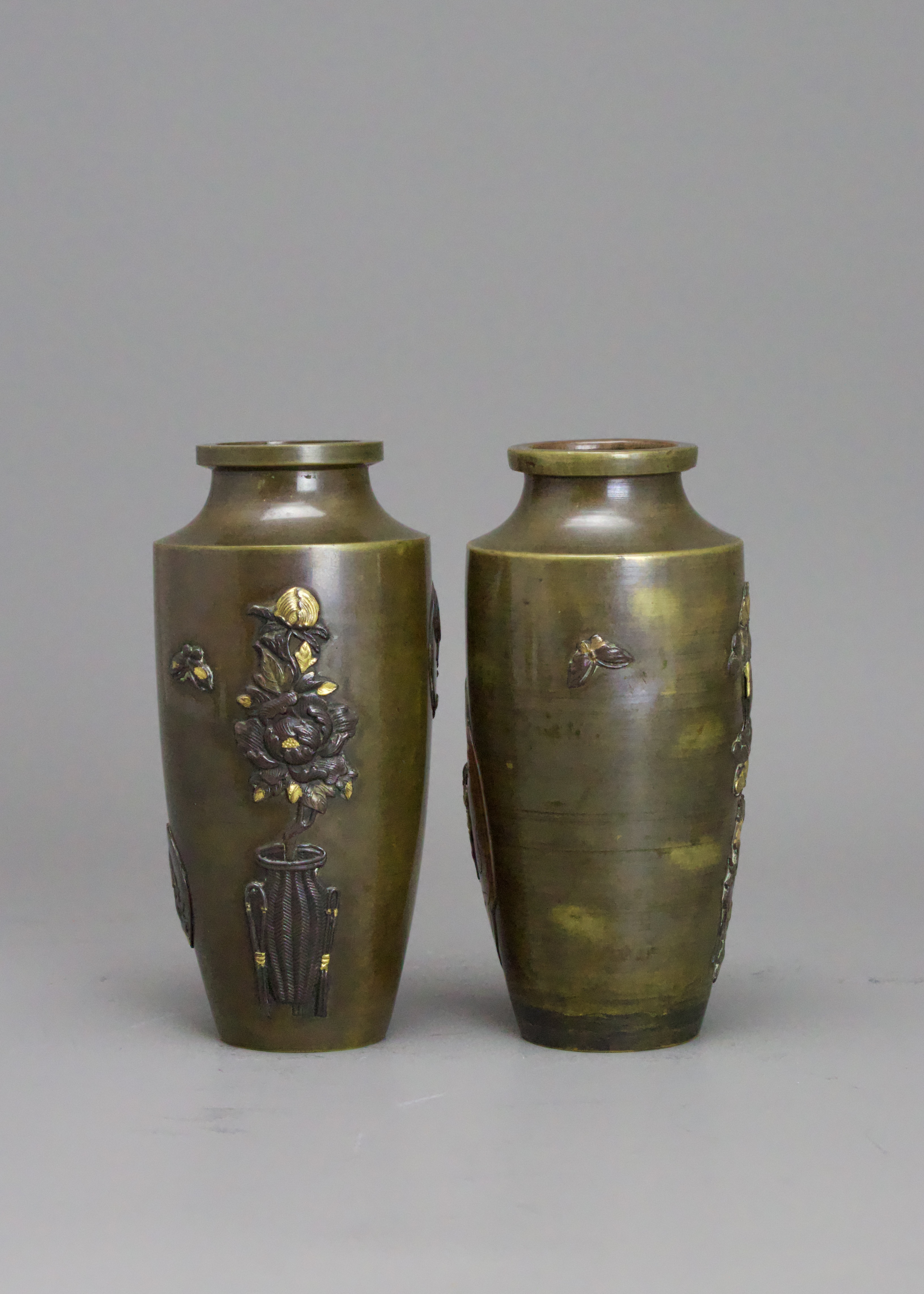 A small Pair of Japanese mixed metal Vases, Meiji periodthe sides decorated in low relief in gilt, - Image 5 of 14