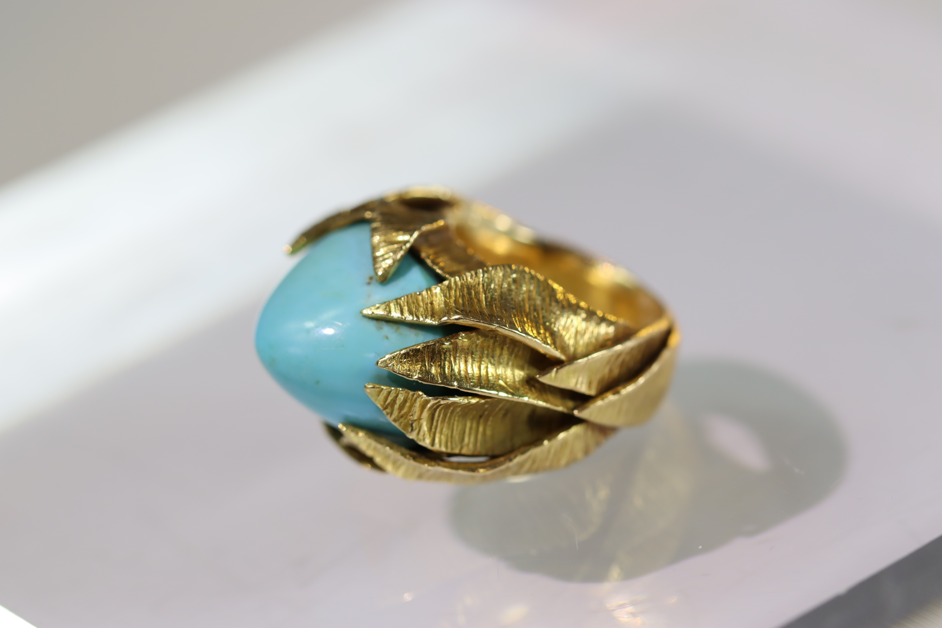 A Turquoise set 18ct gold ring . French gold marks and makers marks on exterior of shank. Signed - Image 4 of 10