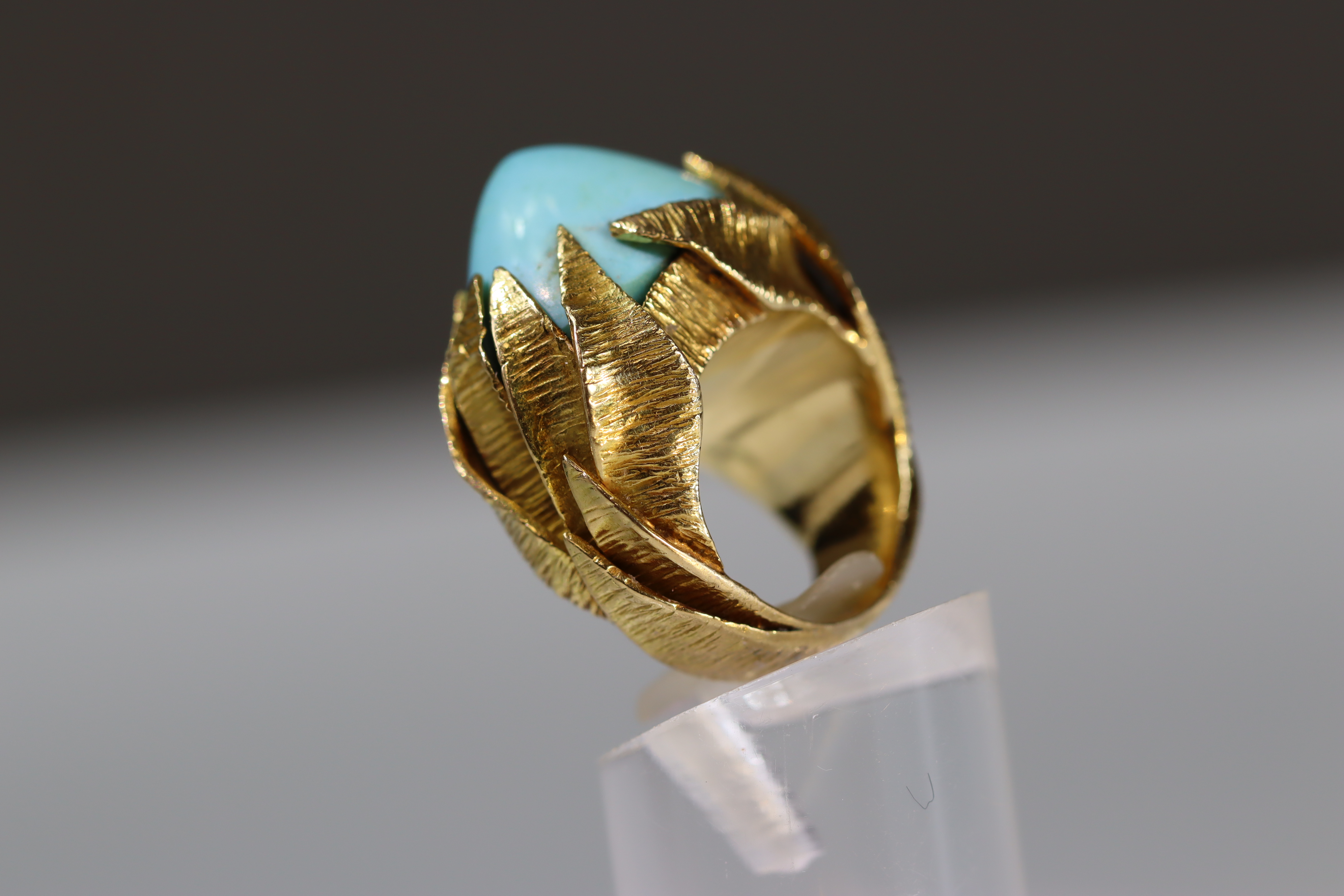A Turquoise set 18ct gold ring . French gold marks and makers marks on exterior of shank. Signed - Image 6 of 10
