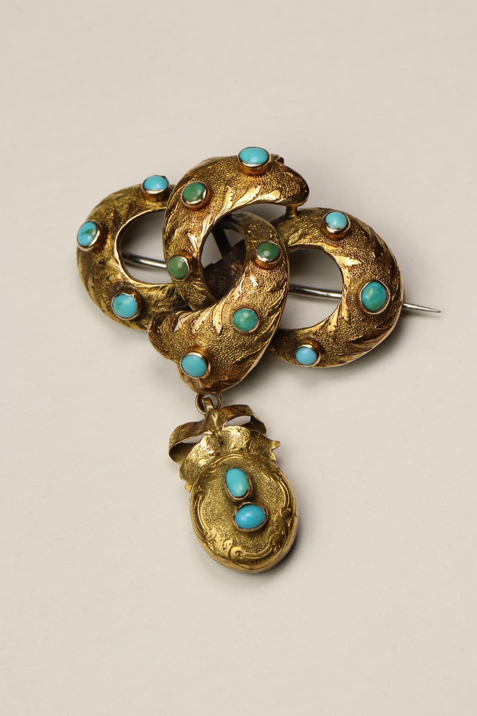 A Victorian 15 ct  Gold and Turquoise set Brooch, Of lovers knot design with a detachable oval - Image 2 of 7