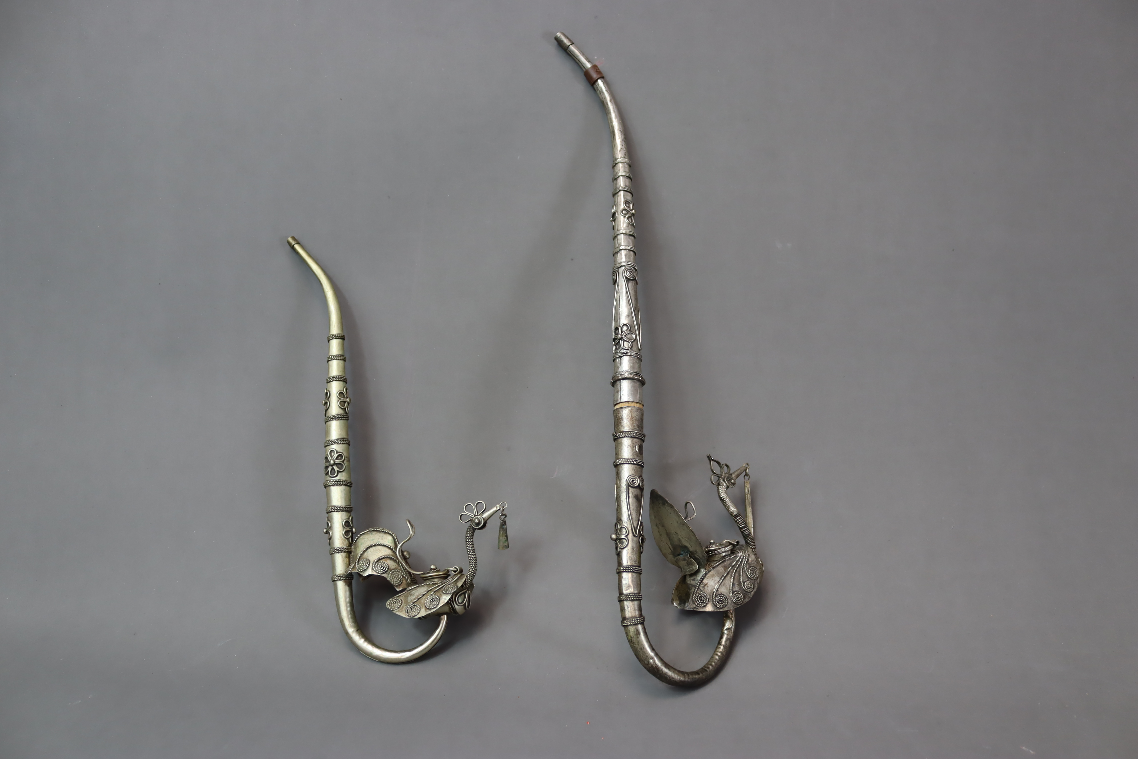 Two Phoenix shaped white metal Pipes, possibly Ottoman - Image 2 of 12