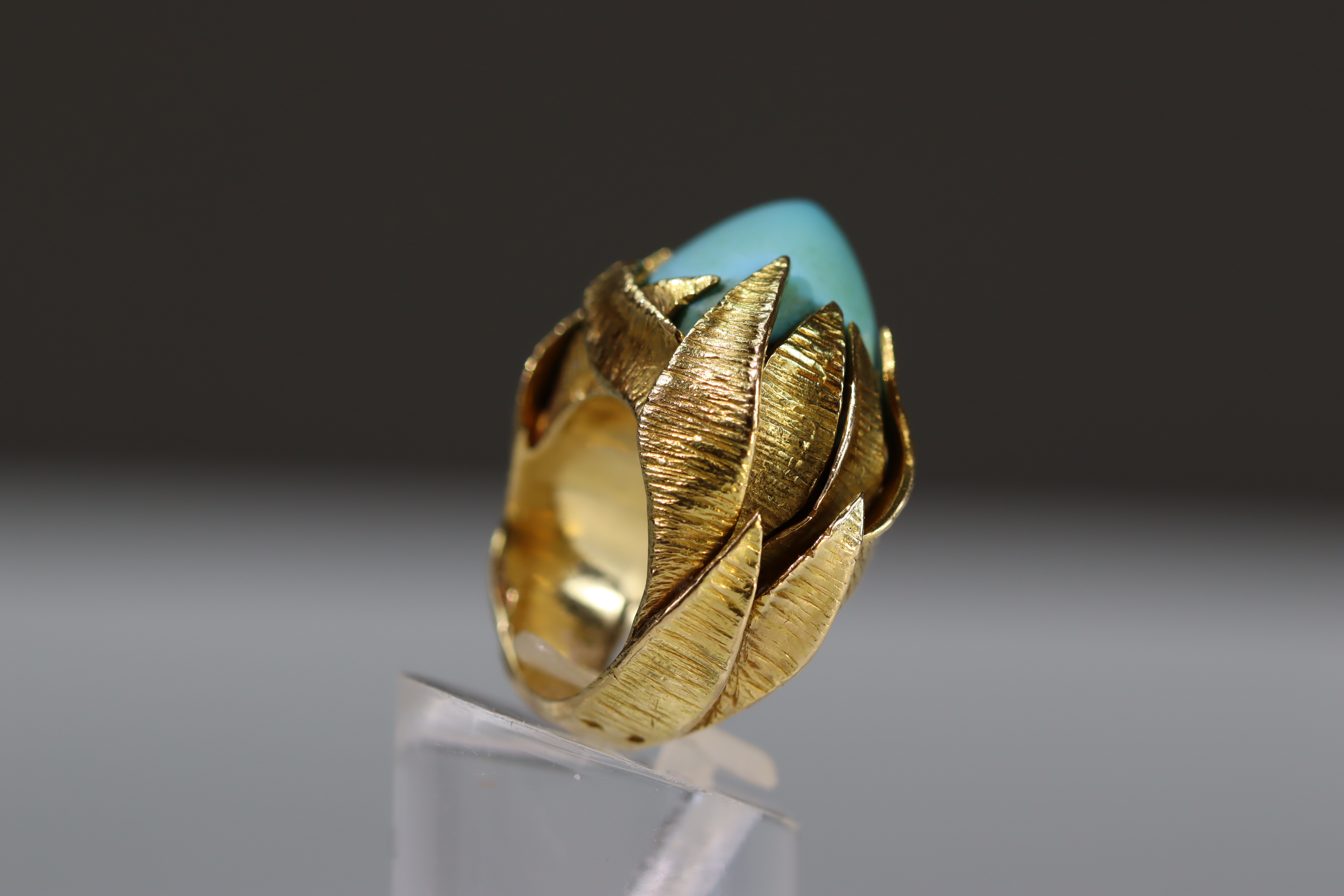 A Turquoise set 18ct gold ring . French gold marks and makers marks on exterior of shank. Signed - Image 7 of 10