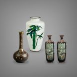 Four Japanese Cloisonne Vases, Meiji/Taisho periodscomprising a pair with panels of birds, a bottle