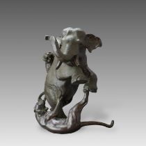 A Japanese Bronze Elephant and Tigers Group, Meiji period,with one seal, the enraged elephant in