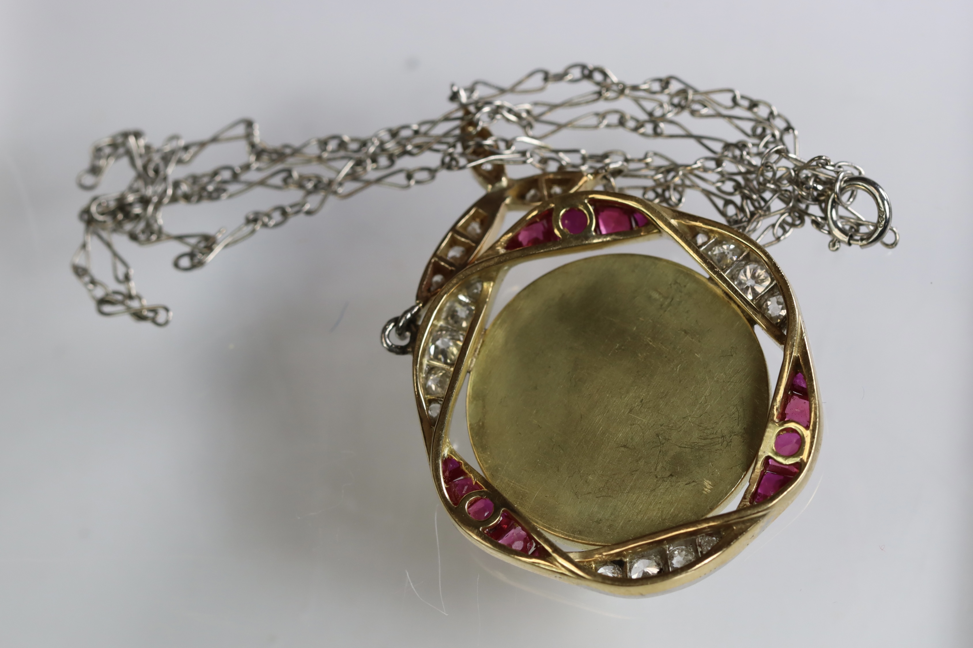 A Pretty Antique Enamel, 18 ct Gold, Ruby and Diamond Pendant,circa1890 the enamel portrait of a - Image 7 of 7