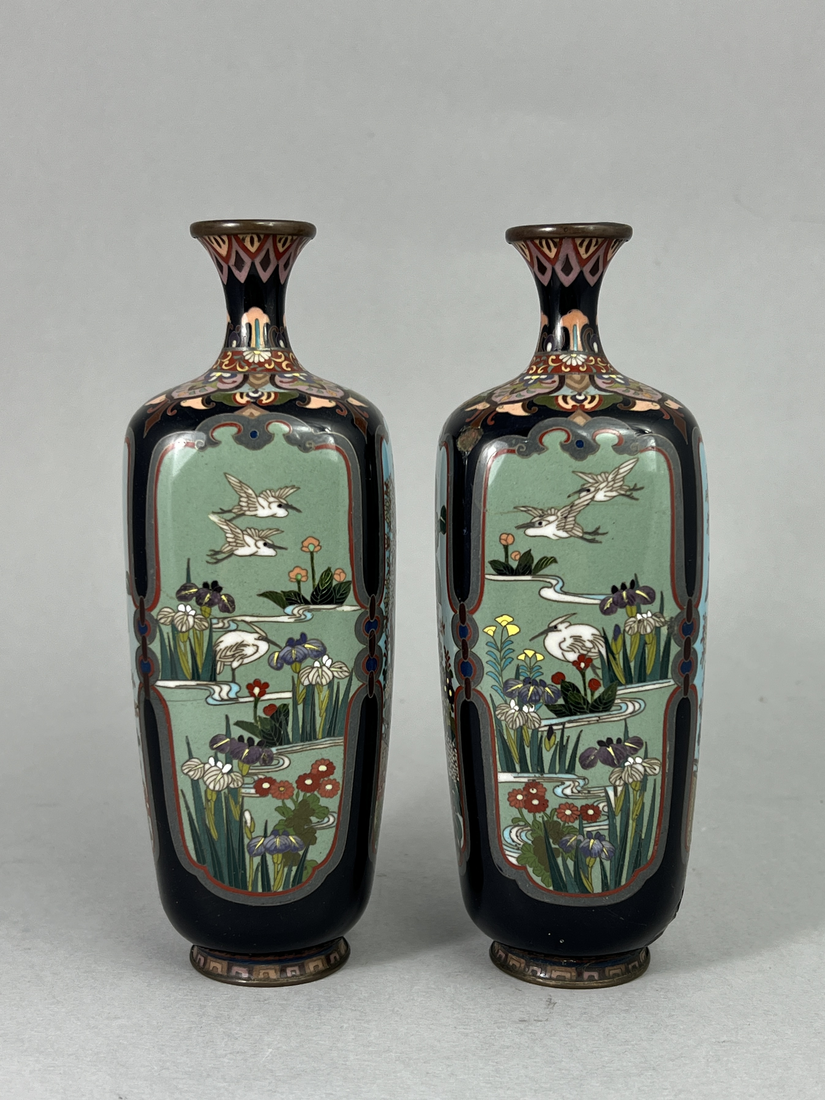 Four Japanese Cloisonne Vases, Meiji/Taisho periodscomprising a pair with panels of birds, a bottle - Image 8 of 12