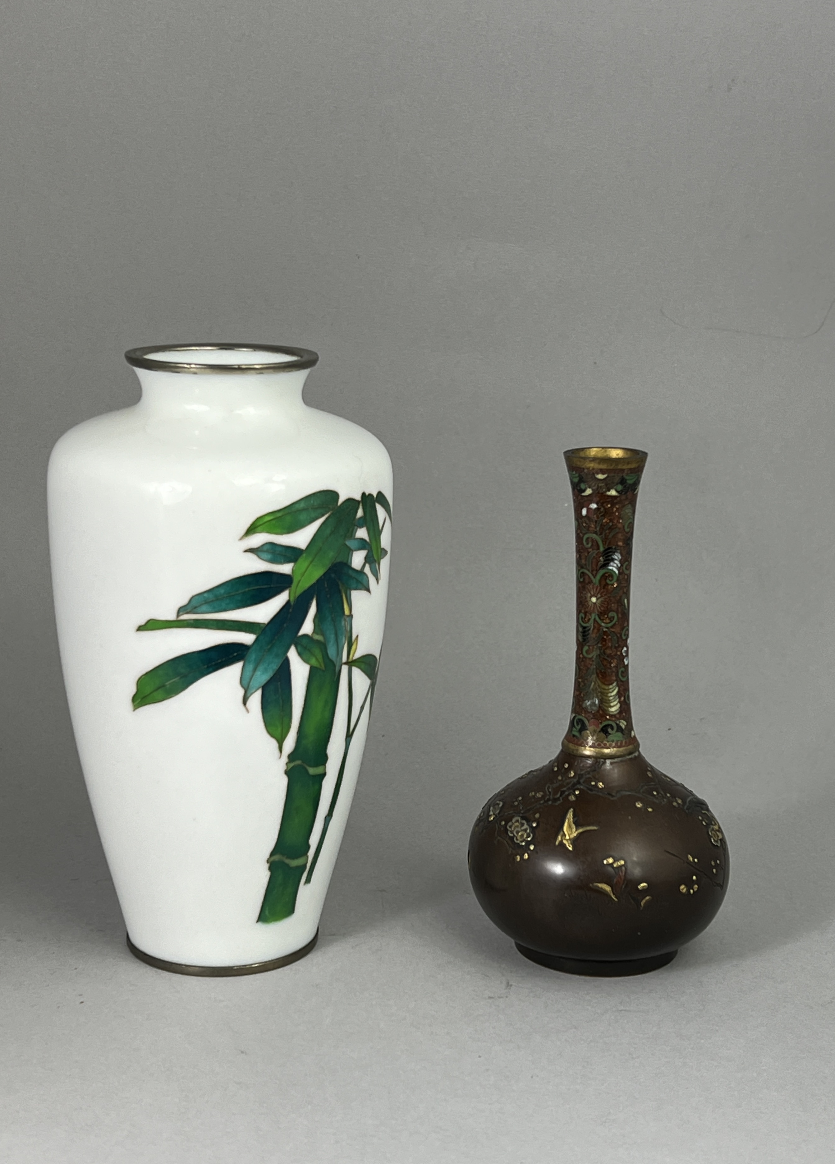 Four Japanese Cloisonne Vases, Meiji/Taisho periodscomprising a pair with panels of birds, a bottle - Image 3 of 12
