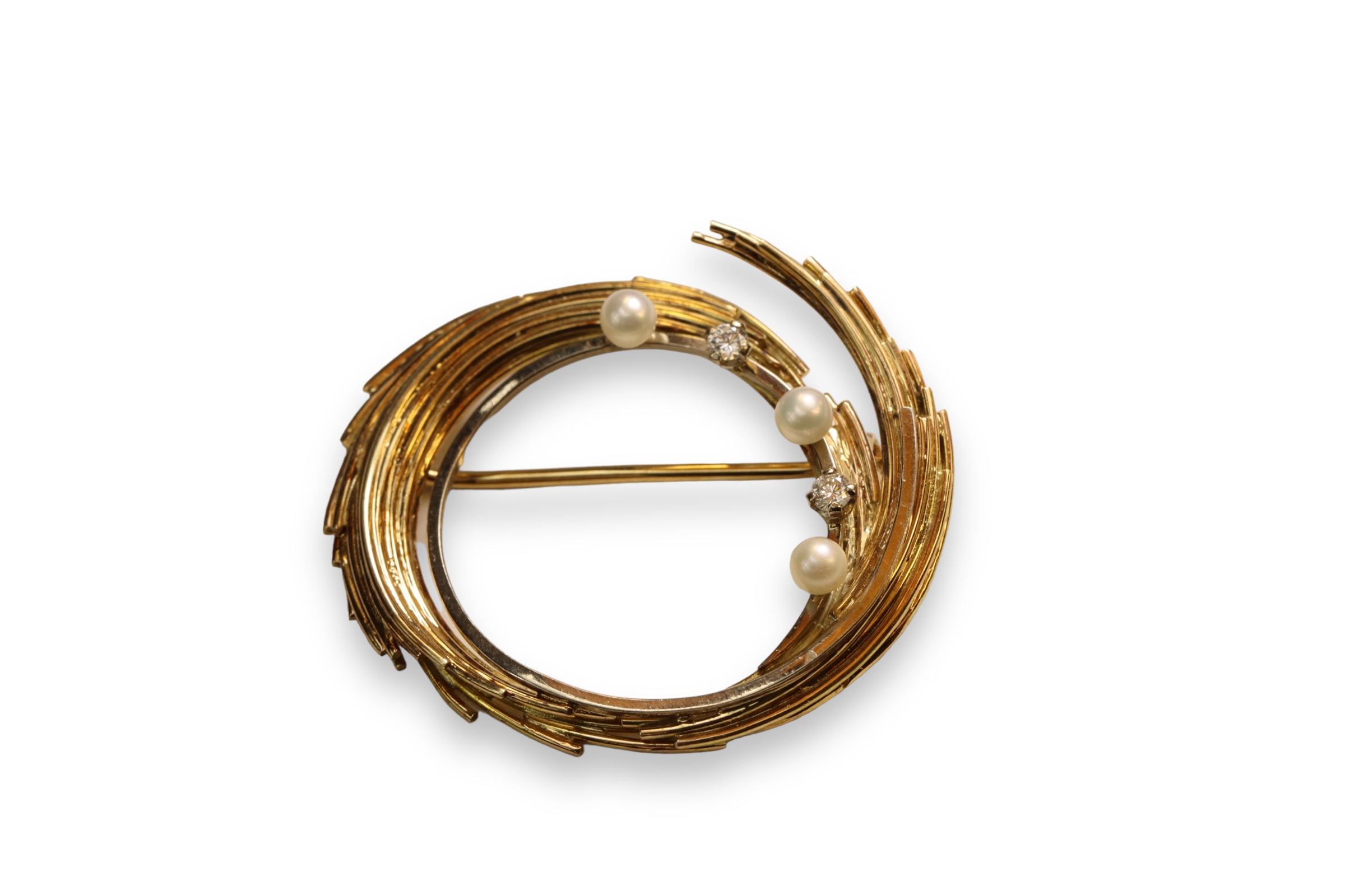 A Diamond, 18 ct Gold and Pearl Brooch, circa 1970, Of wire work swirl design set with small