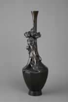 A Japanese Bronze Iris Vase, Meiji periodthe elegant tall bottle vase of hexagonal section with