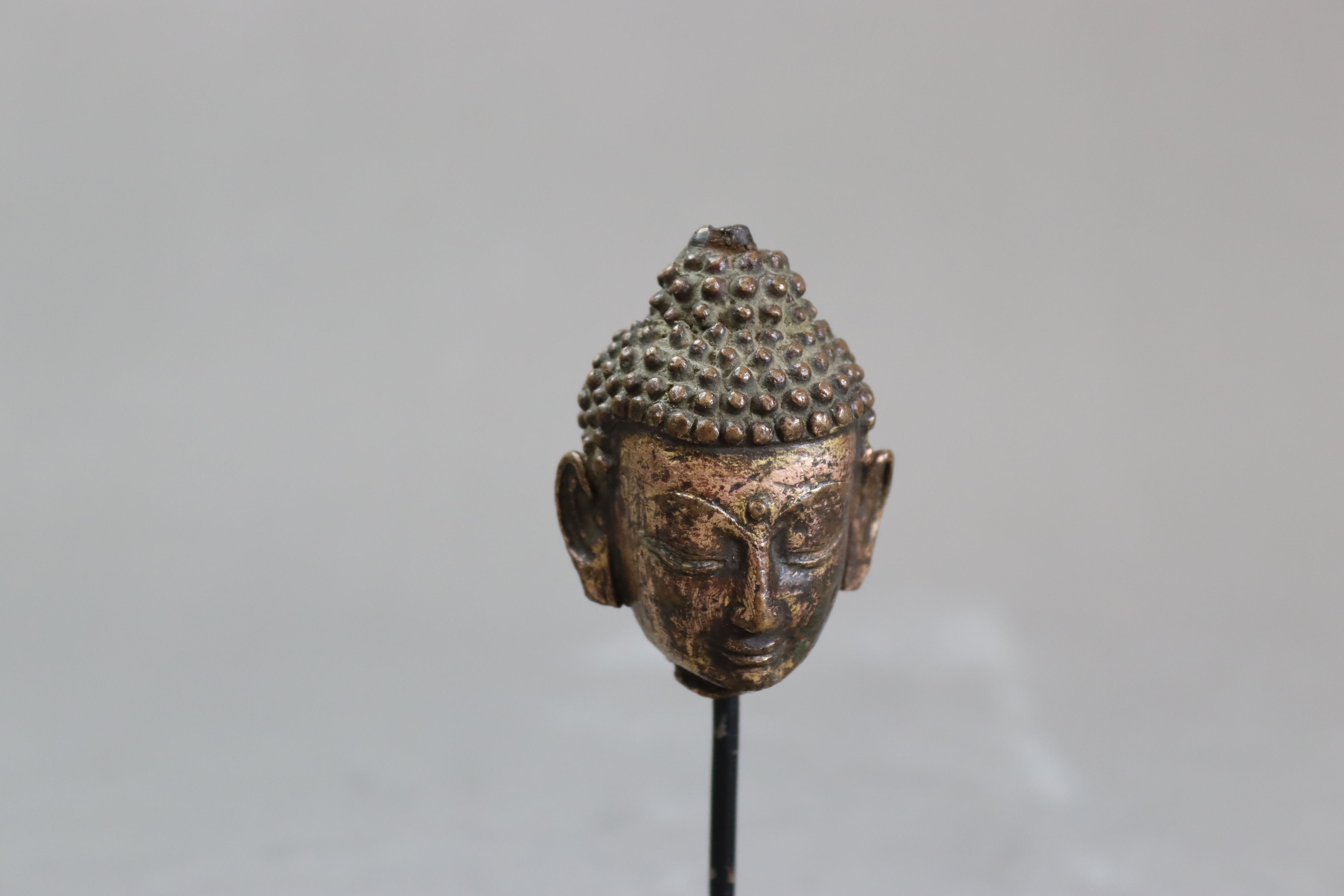 A Gilt Bronze Head of Buddha, 13th centurysensitively modelled with serene downcast gaze, still with - Image 2 of 7