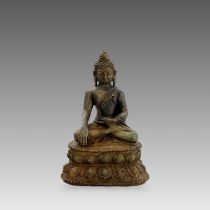 A Bronze Seated Buddha, 19th centuryon a waisted lotus plinth,with dark patination, sealed with lead