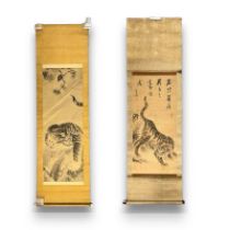 Antique A Pair of Japanese Hanging Scroll with Tigers. Two Japanese Hanging Scroll Depicting a Tiger