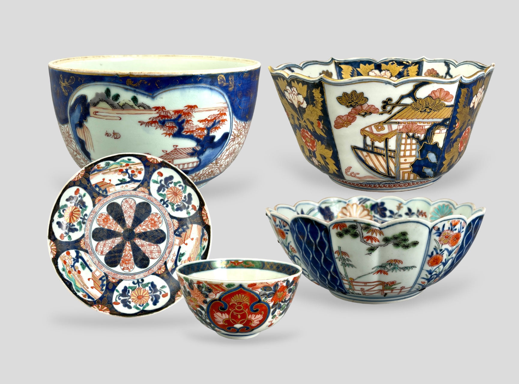 Five Japanese Imari Wares,c.1700the attractive group comprising a tureen, a deep faceted bowl, a