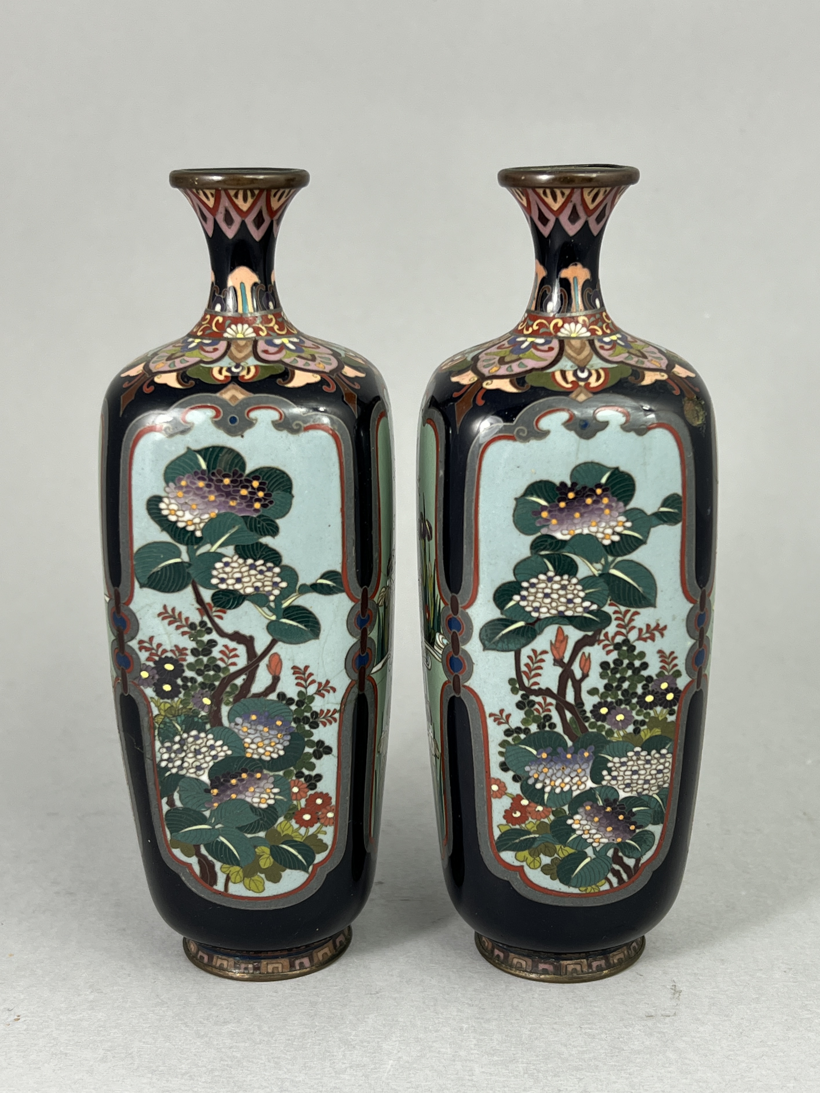 Four Japanese Cloisonne Vases, Meiji/Taisho periodscomprising a pair with panels of birds, a bottle - Image 10 of 12