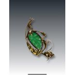 A 1940's Jadeite Brooch the strong apple green coloured jadeite carved as a leaf, with yellow