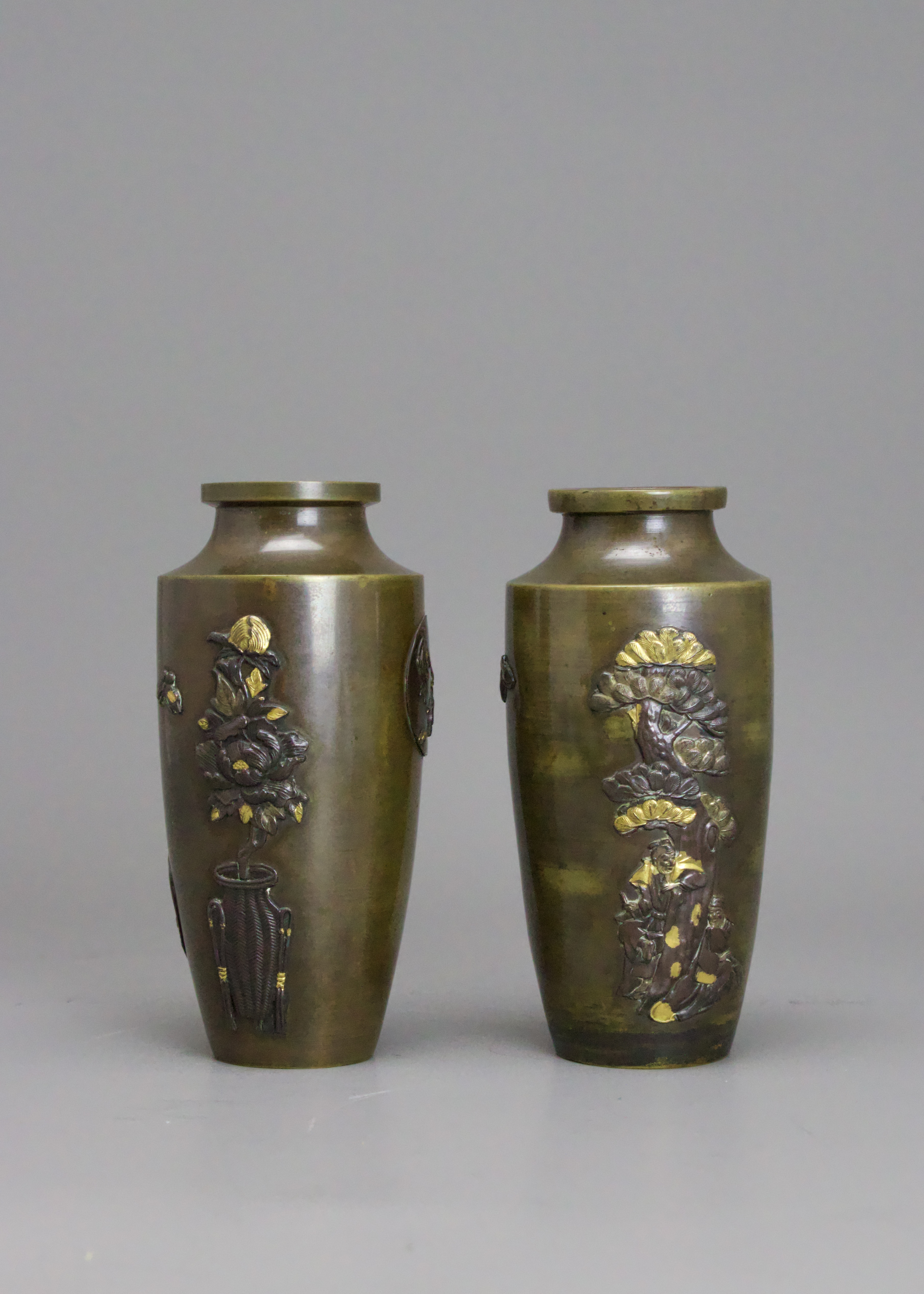 A small Pair of Japanese mixed metal Vases, Meiji periodthe sides decorated in low relief in gilt, - Image 3 of 14