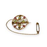 An Antique Opal, Peridot and Pink Stone Target Brooch, circa 1910 Millegraine set central opal,