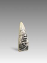 A Whale Tooth Scrimshaw with Ship Decoration. Ca. 19th century.A Whale tooth scrimshaw decorated