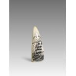 A Whale Tooth Scrimshaw with Ship Decoration. Ca. 19th century.A Whale tooth scrimshaw decorated