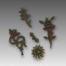 Five Bronze Bodhisattva Ornaments,c.1900,including a flower, a bell and scarves, and a double