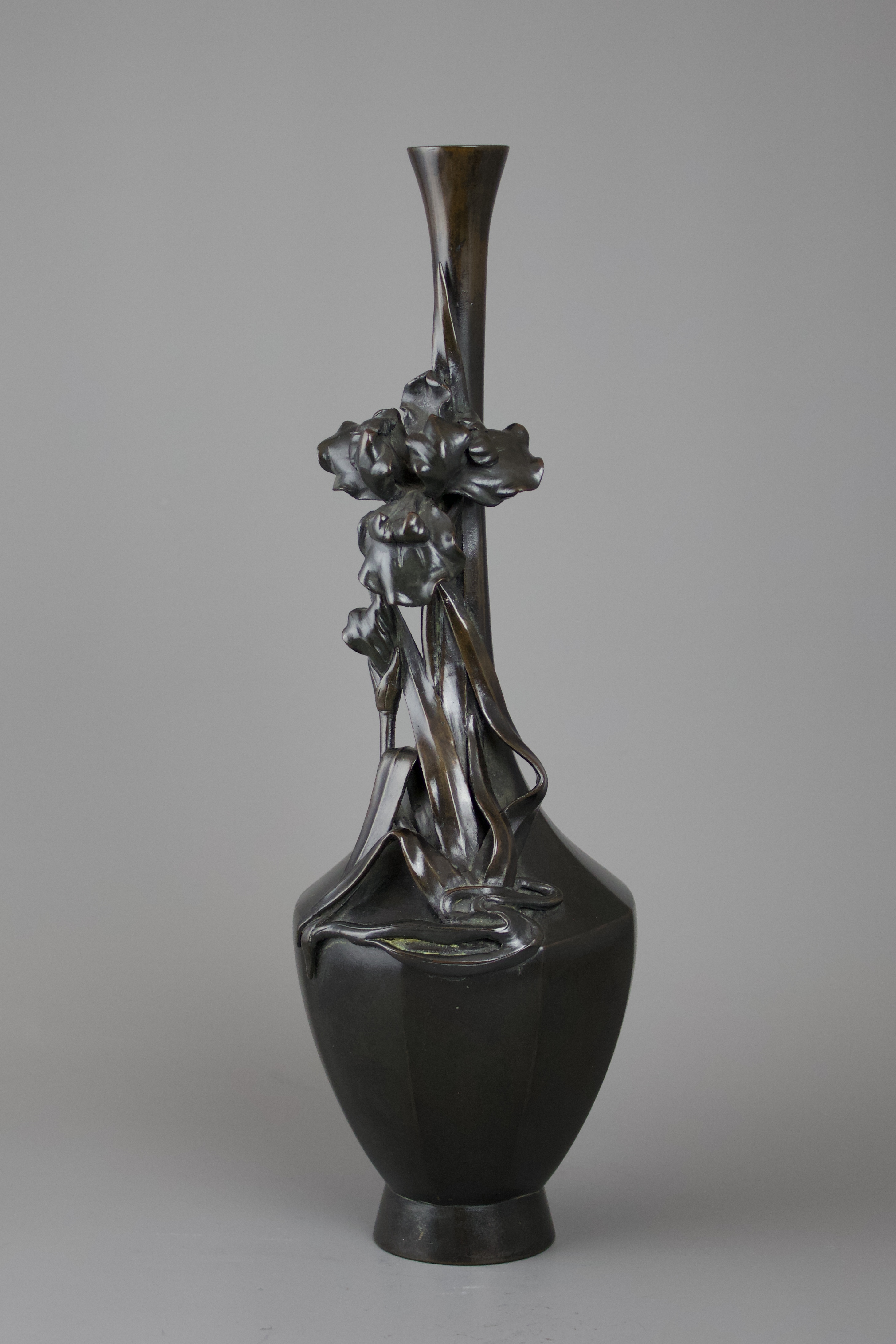 A Japanese Bronze Iris Vase, Meiji periodthe elegant tall bottle vase of hexagonal section with - Image 6 of 7